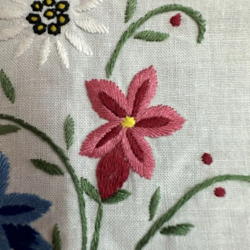 Vintage Hand Embroidered Table Runner White Cotton Floral Hemstitched 34x15.5